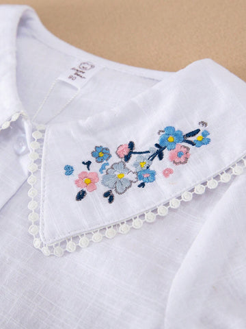 Young Girls' Embroidered Short Sleeve Shirt With Turn-Down Collar, Summer