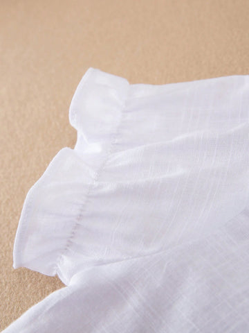 Young Girls' Embroidered Short Sleeve Shirt With Turn-Down Collar, Summer