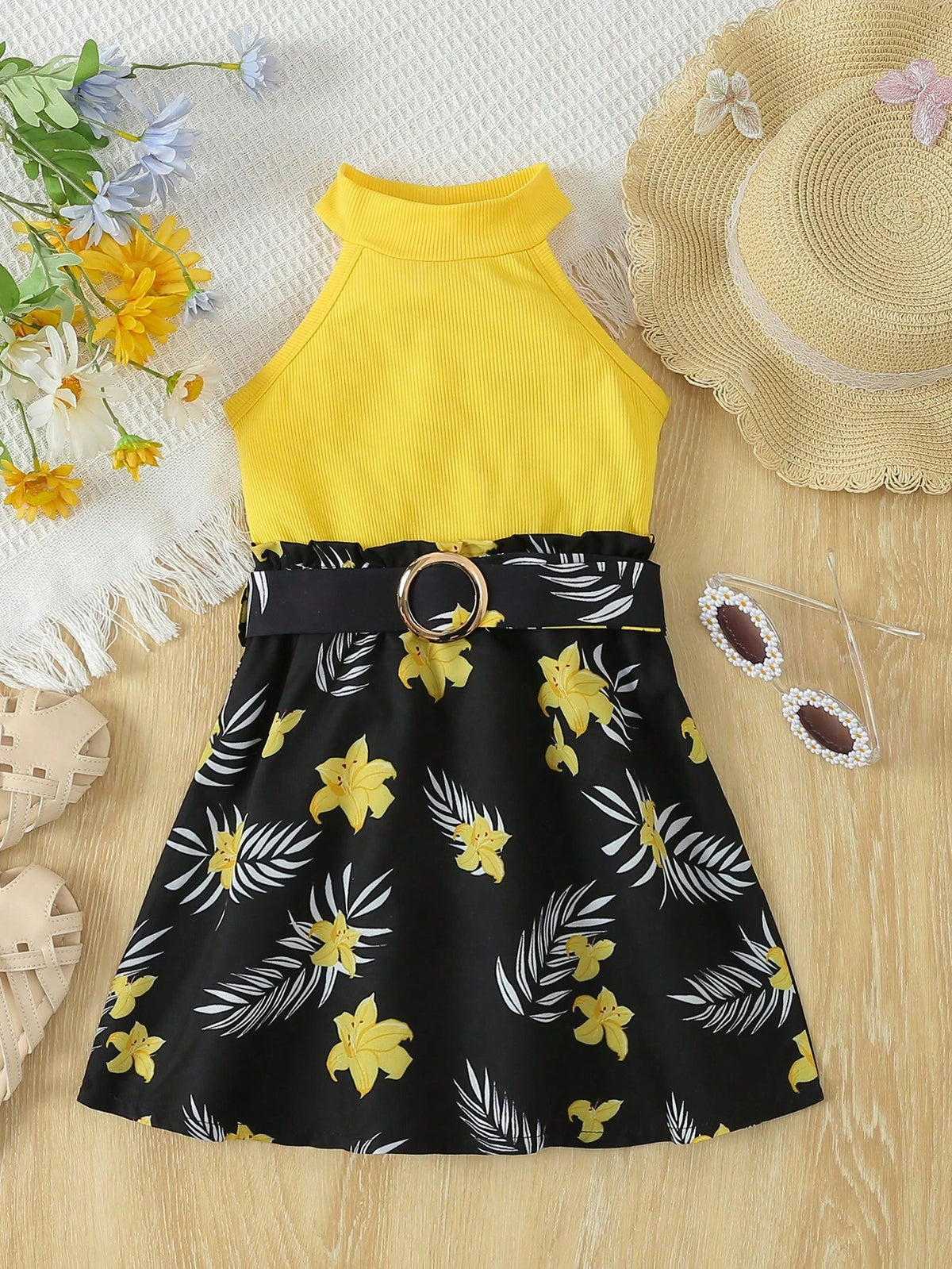 Young Girl's European And American Style Floral Print Casual Halter Dress For Summer