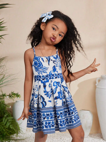 Young Girl's Everyday Casual Spaghetti Strap Short Floral Woven Dress For Spring/Summer