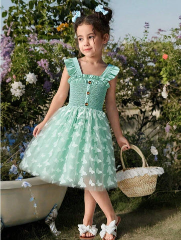 Young Girls Fairy Tale Dreamy Green Camisole 3D Butterfly Dress