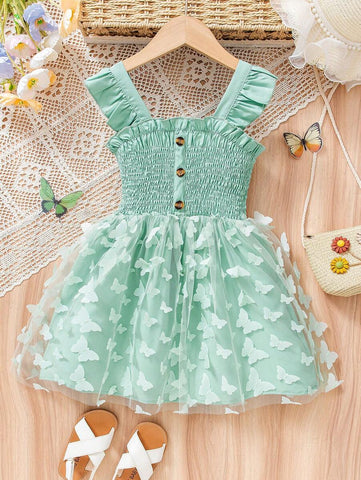 Young Girls Fairy Tale Dreamy Green Camisole 3D Butterfly Dress