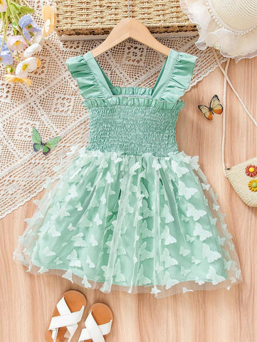 Young Girls Fairy Tale Dreamy Green Camisole 3D Butterfly Dress