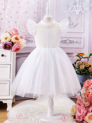 Young Girls' Fancy & High-End Party Princess Dress With Tulle Overlay, Suitable For Wedding Banquets