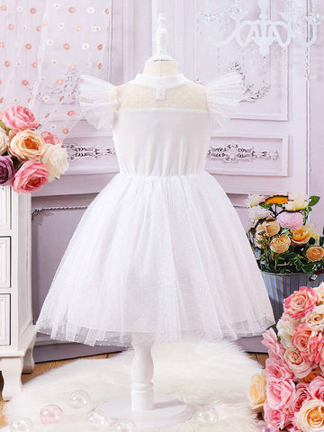 Young Girls' Fancy & High-End Party Princess Dress With Tulle Overlay, Suitable For Wedding Banquets