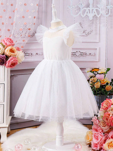 Young Girls' Fancy & High-End Party Princess Dress With Tulle Overlay, Suitable For Wedding Banquets