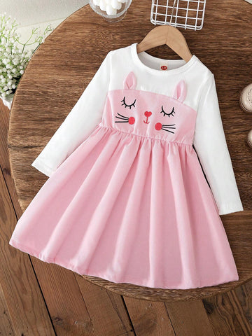Young Girls' Fashion Casual Cartoon Embroidery Long Sleeve Dress
