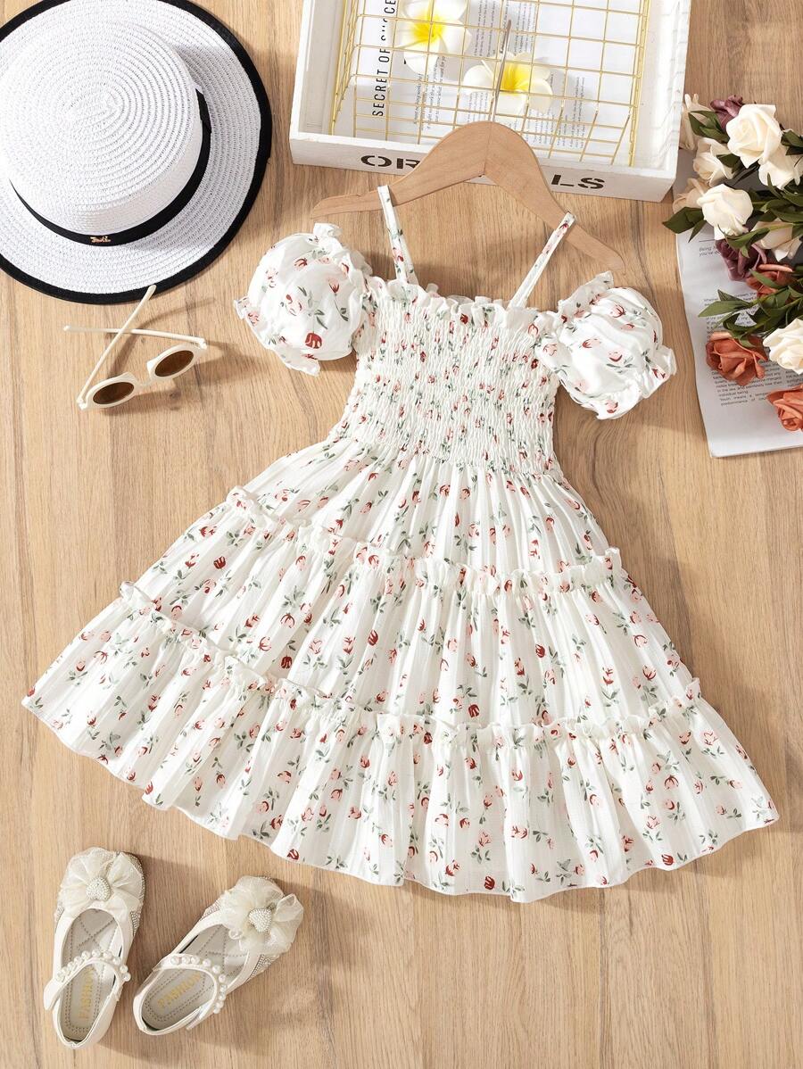 Young Girls Fashion Casual Floral Print Off Shoulder Strap Short Sleeve Multilayer Ruffle Hem Dress