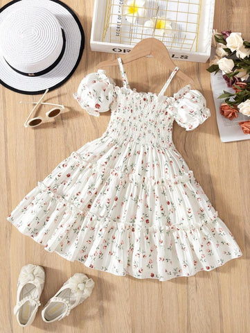 Young Girls Fashion Casual Floral Print Off Shoulder Strap Short Sleeve Multilayer Ruffle Hem Dress