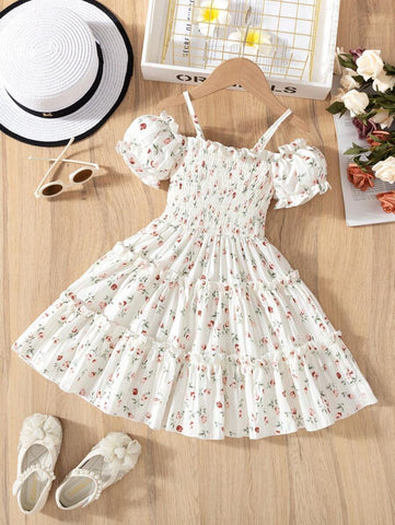 Young Girls Fashion Casual Floral Print Off Shoulder Strap Short Sleeve Multilayer Ruffle Hem Dress