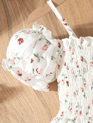 Young Girls Fashion Casual Floral Print Off Shoulder Strap Short Sleeve Multilayer Ruffle Hem Dress