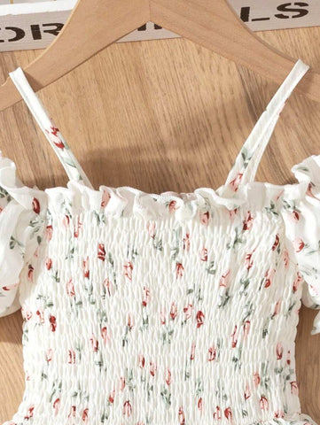Young Girls Fashion Casual Floral Print Off Shoulder Strap Short Sleeve Multilayer Ruffle Hem Dress
