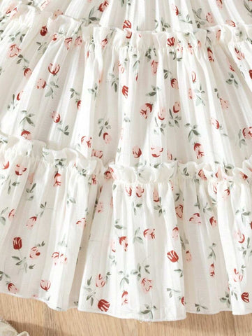 Young Girls Fashion Casual Floral Print Off Shoulder Strap Short Sleeve Multilayer Ruffle Hem Dress