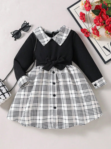 Young Girl's Fashion Casual Plaid Patchwork Collared Dress, Autumn