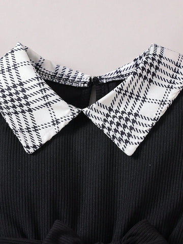 Young Girl's Fashion Casual Plaid Patchwork Collared Dress, Autumn