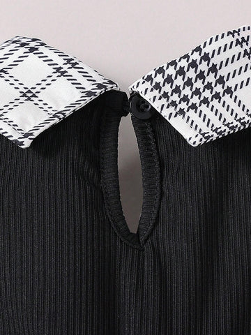 Young Girl's Fashion Casual Plaid Patchwork Collared Dress, Autumn