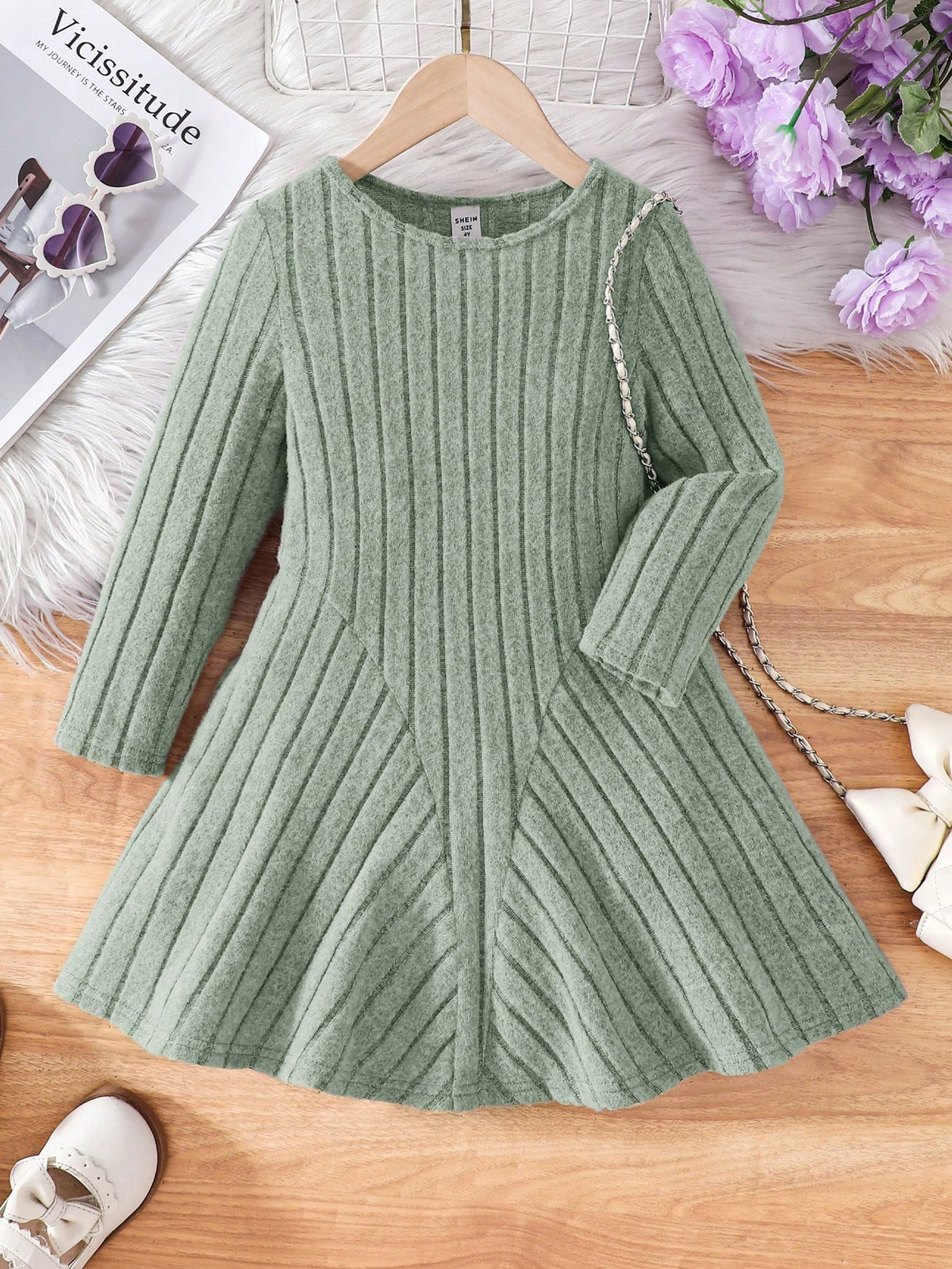 Young Girls Fashion Elegant Solid Color Knit Round Neck Fitted Casual Dress