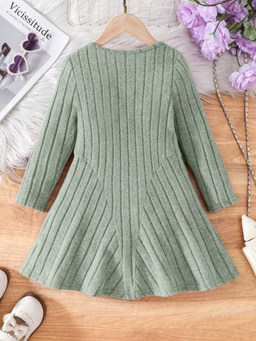 Young Girls Fashion Elegant Solid Color Knit Round Neck Fitted Casual Dress