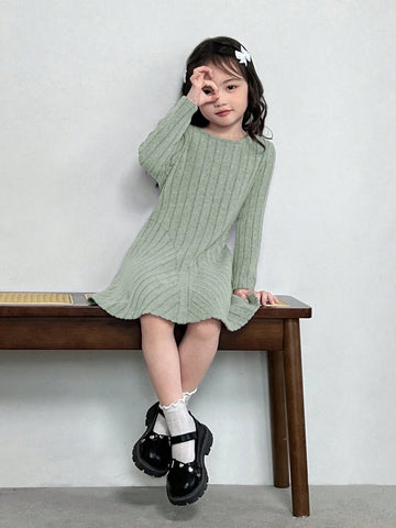 Young Girls Fashion Elegant Solid Color Knit Round Neck Fitted Casual Dress