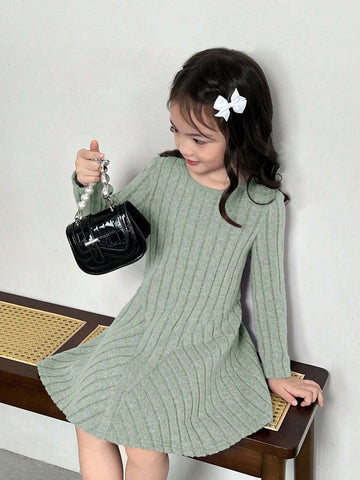 Young Girls Fashion Elegant Solid Color Knit Round Neck Fitted Casual Dress