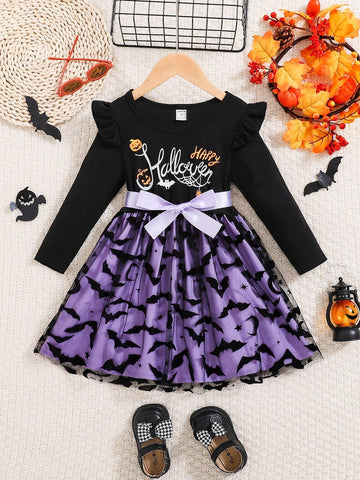 Young Girls' Fashion Halloween Letter Print Round Neck Long Sleeve Mesh Hem Dress