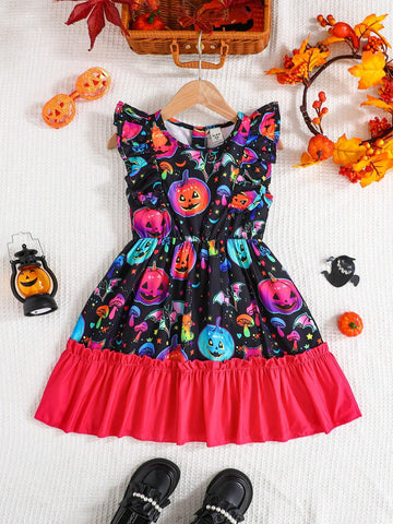 Young Girls' Fashion Halloween Pumpkin Print Color Block Flounce Waist Dress