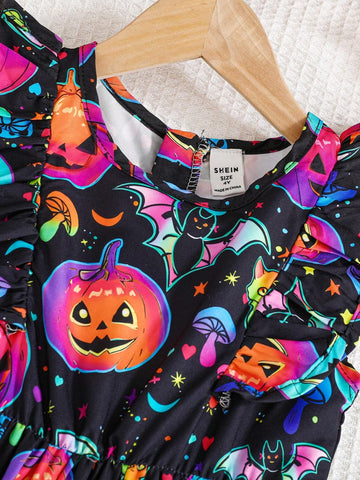 Young Girls' Fashion Halloween Pumpkin Print Color Block Flounce Waist Dress