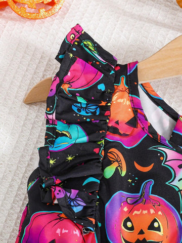 Young Girls' Fashion Halloween Pumpkin Print Color Block Flounce Waist Dress