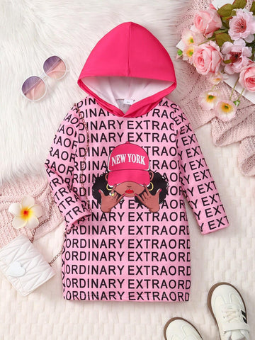 Young Girls Fashion Hoodie Dress Full Print Trendy Cool Letter Design, Long Sleeve