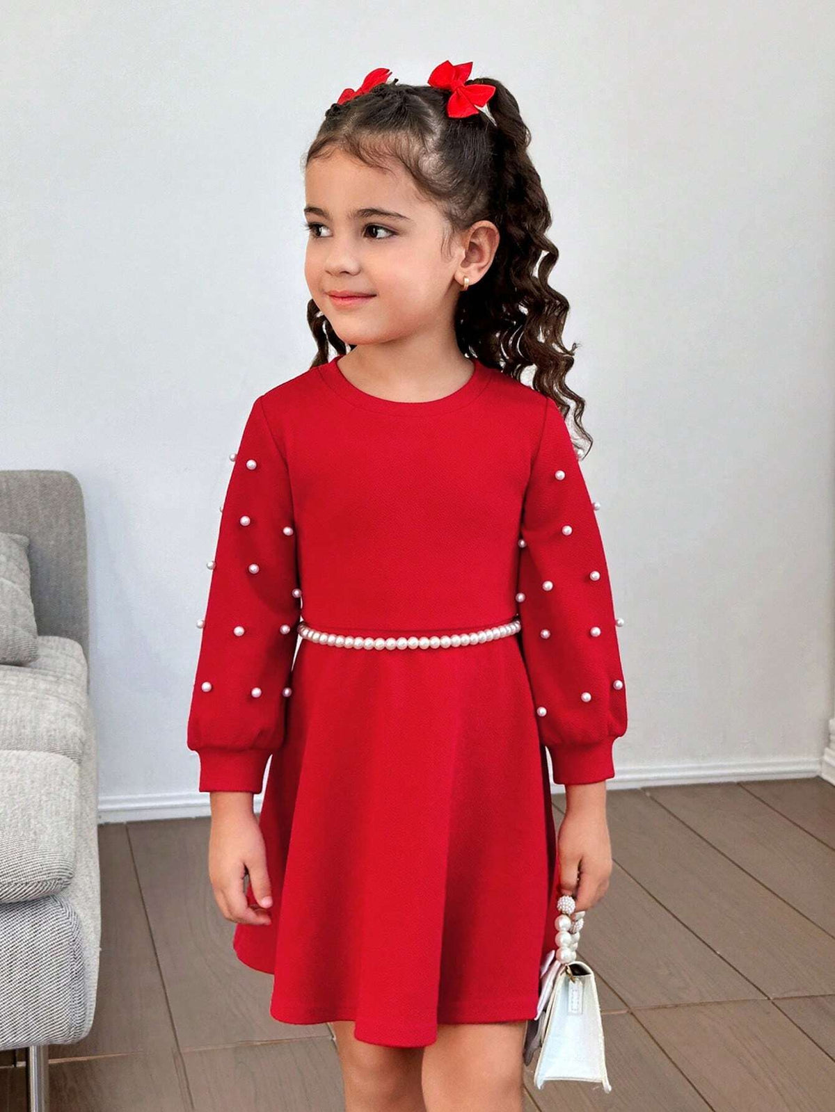 Young Girls Fashion Party And Street Wear Solid Color Round Neck Long Sleeve Pearl Embellished Knit Dress