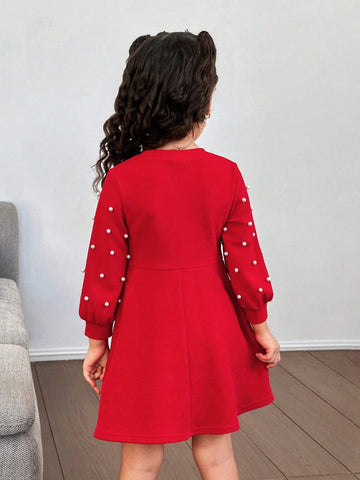 Young Girls Fashion Party And Street Wear Solid Color Round Neck Long Sleeve Pearl Embellished Knit Dress
