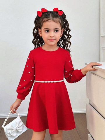 Young Girls Fashion Party And Street Wear Solid Color Round Neck Long Sleeve Pearl Embellished Knit Dress