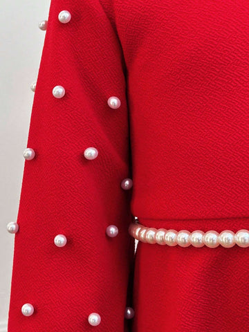 Young Girls Fashion Party And Street Wear Solid Color Round Neck Long Sleeve Pearl Embellished Knit Dress