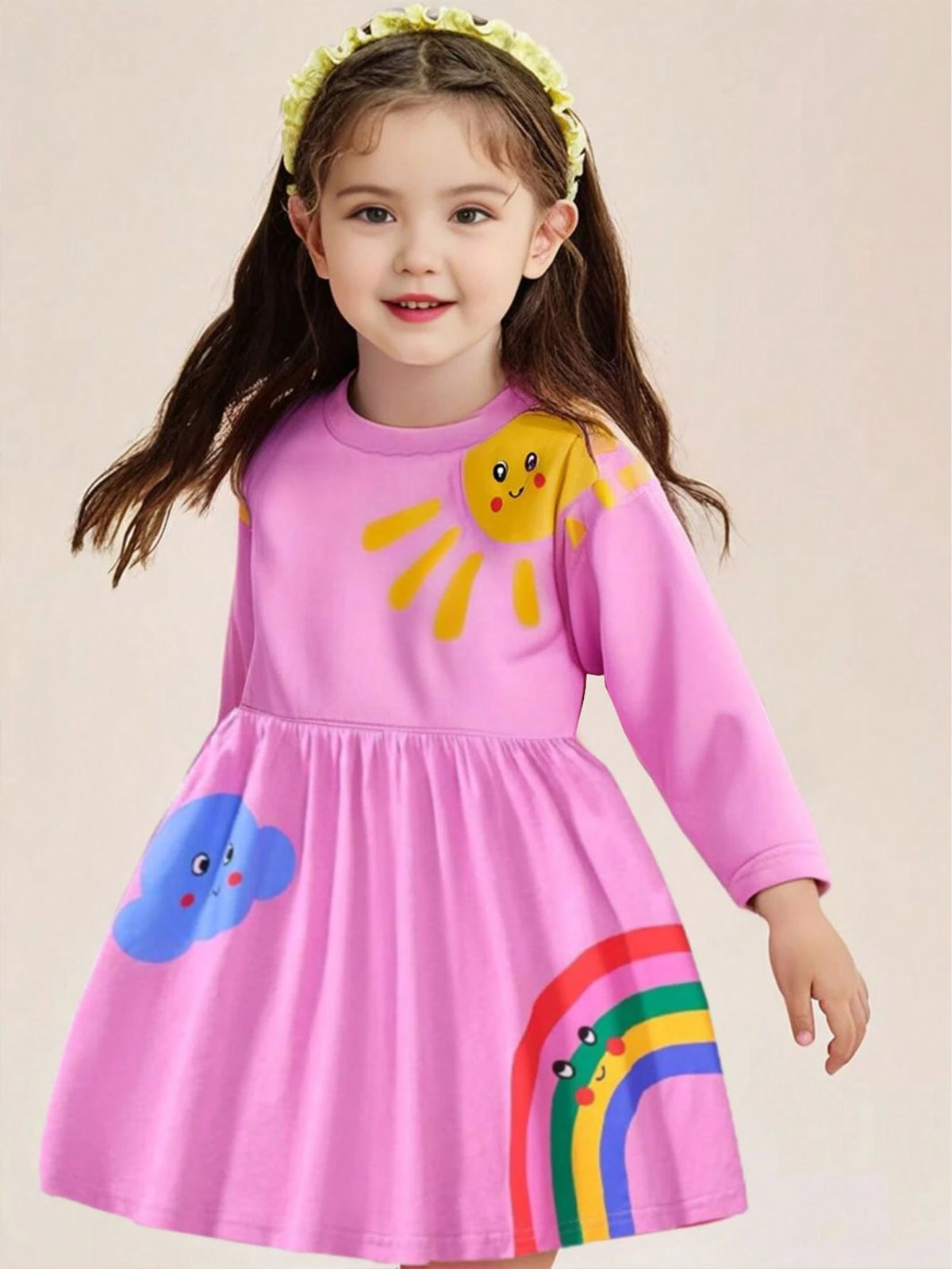 Young Girls Fashion Round Neck Cloud, Rainbow & Sun Random Print Long Sleeve Casual Dress, Cute Autumn/Winter Style
