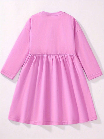 Young Girls Fashion Round Neck Cloud, Rainbow & Sun Random Print Long Sleeve Casual Dress, Cute Autumn/Winter Style