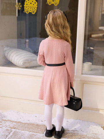 Young Girls Fashion Simple Long Sleeve Pink Dress, Round Neck Flared Skirt, Knitted Jacquard Fabric With Herringbone Pattern