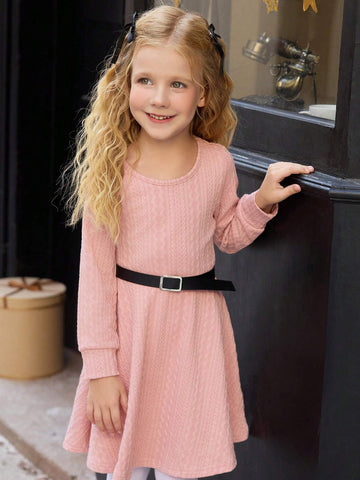 Young Girls Fashion Simple Long Sleeve Pink Dress, Round Neck Flared Skirt, Knitted Jacquard Fabric With Herringbone Pattern