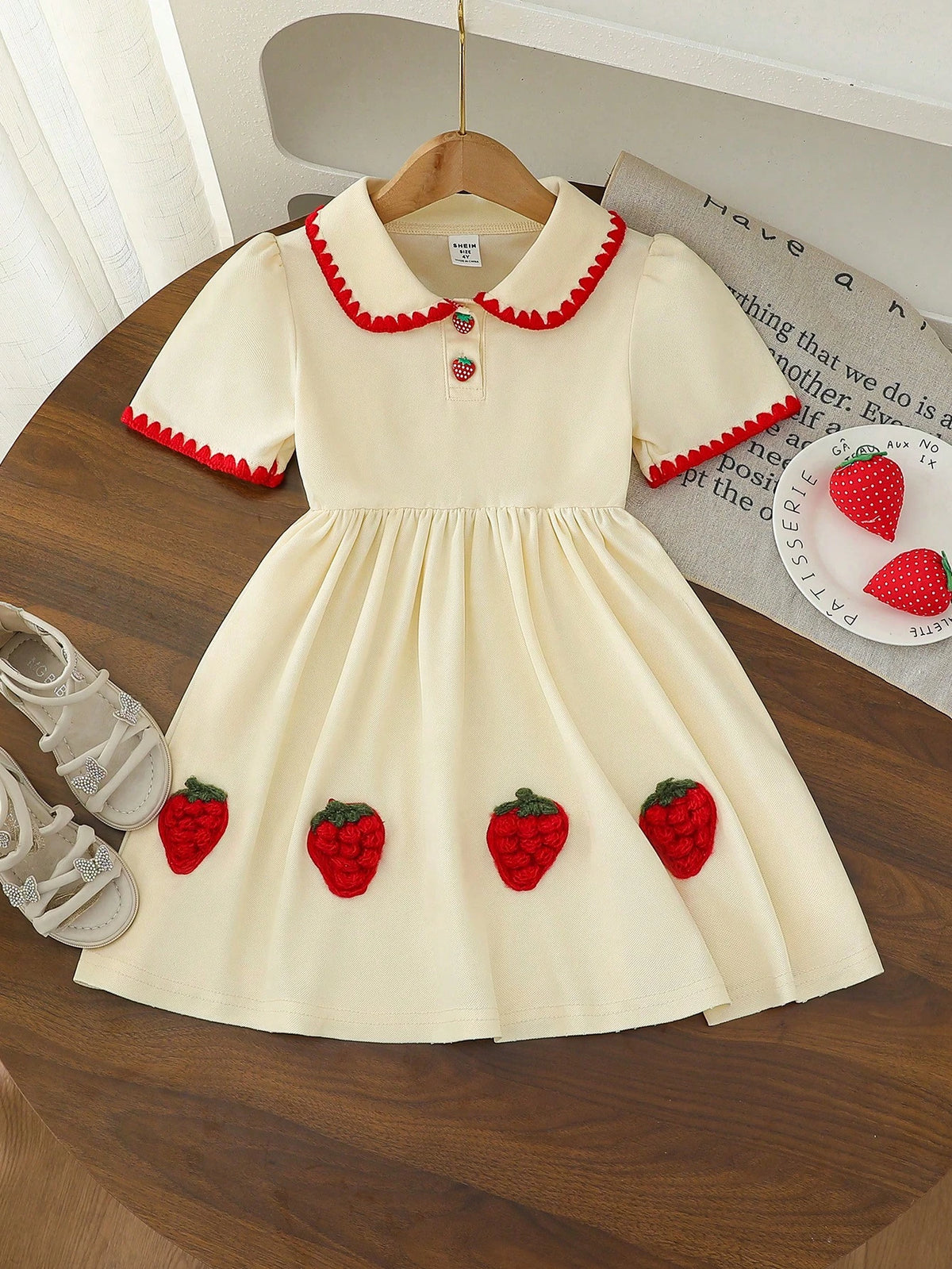 Young Girls' Fashion Solid Color Strawberry Embroidered Lapel Short Sleeve A-Line Elastic Waist Casual Dress