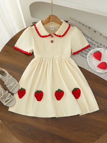 Young Girls' Fashion Solid Color Strawberry Embroidered Lapel Short Sleeve A-Line Elastic Waist Casual Dress