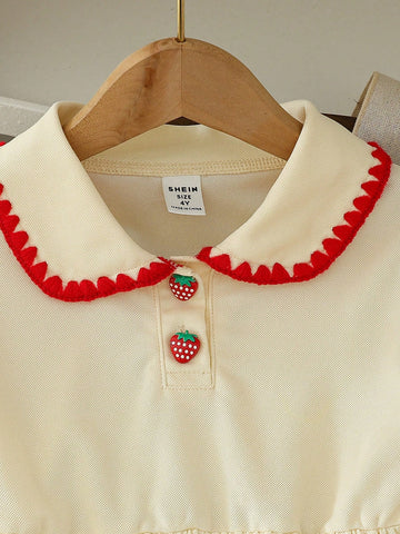 Young Girls' Fashion Solid Color Strawberry Embroidered Lapel Short Sleeve A-Line Elastic Waist Casual Dress