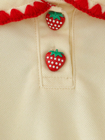 Young Girls' Fashion Solid Color Strawberry Embroidered Lapel Short Sleeve A-Line Elastic Waist Casual Dress