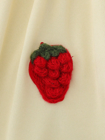 Young Girls' Fashion Solid Color Strawberry Embroidered Lapel Short Sleeve A-Line Elastic Waist Casual Dress