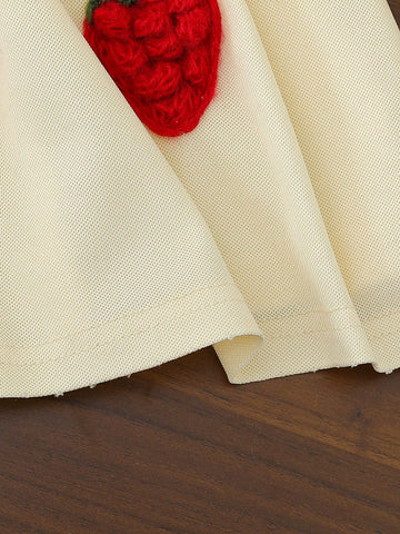 Young Girls' Fashion Solid Color Strawberry Embroidered Lapel Short Sleeve A-Line Elastic Waist Casual Dress