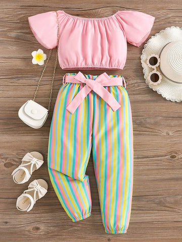 Young Girls' Fashion Street Style Solid Color One Shoulder Top & Colorful Striped Pants & Belt 3pc/Set For Summer