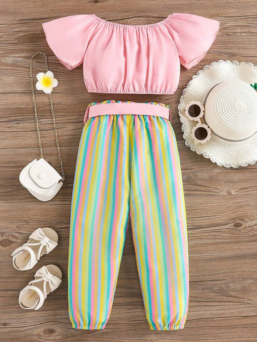 Young Girls' Fashion Street Style Solid Color One Shoulder Top & Colorful Striped Pants & Belt 3pc/Set For Summer