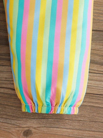 Young Girls' Fashion Street Style Solid Color One Shoulder Top & Colorful Striped Pants & Belt 3pc/Set For Summer