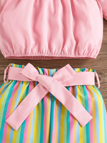 Young Girls' Fashion Street Style Solid Color One Shoulder Top & Colorful Striped Pants & Belt 3pc/Set For Summer