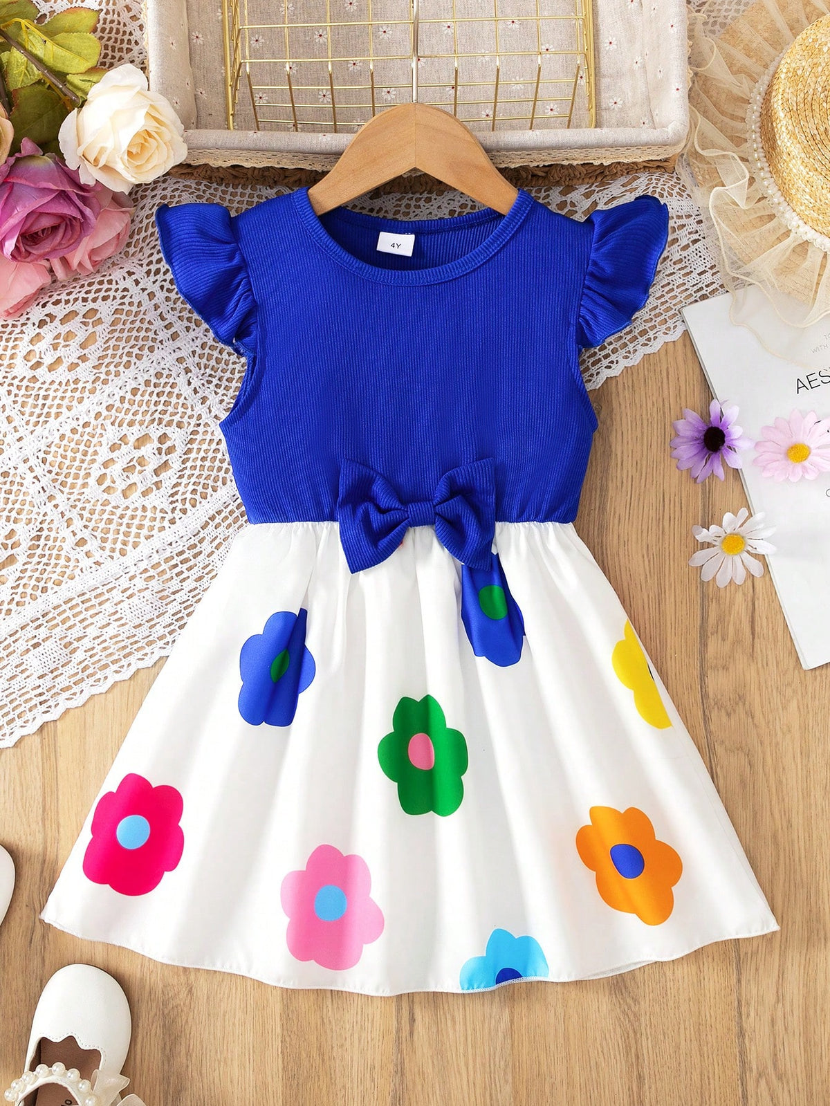 Young Girl's Fashion Sweet Style Solid Ribbed Round Neck Butterfly Sleeve Bow & Rainbow Flower Print Hem A-Line Dress