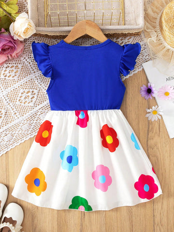 Young Girl's Fashion Sweet Style Solid Ribbed Round Neck Butterfly Sleeve Bow & Rainbow Flower Print Hem A-Line Dress