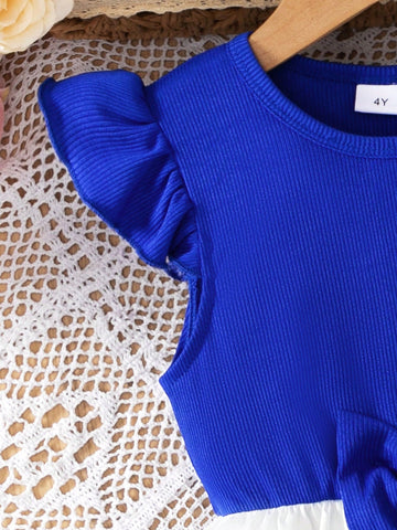 Young Girl's Fashion Sweet Style Solid Ribbed Round Neck Butterfly Sleeve Bow & Rainbow Flower Print Hem A-Line Dress